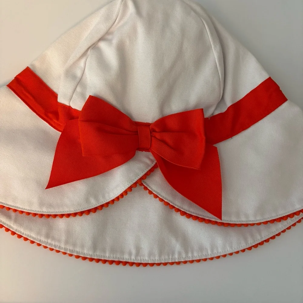 Janie and Jack white sunhat with orange bow and pom trim size 6-8